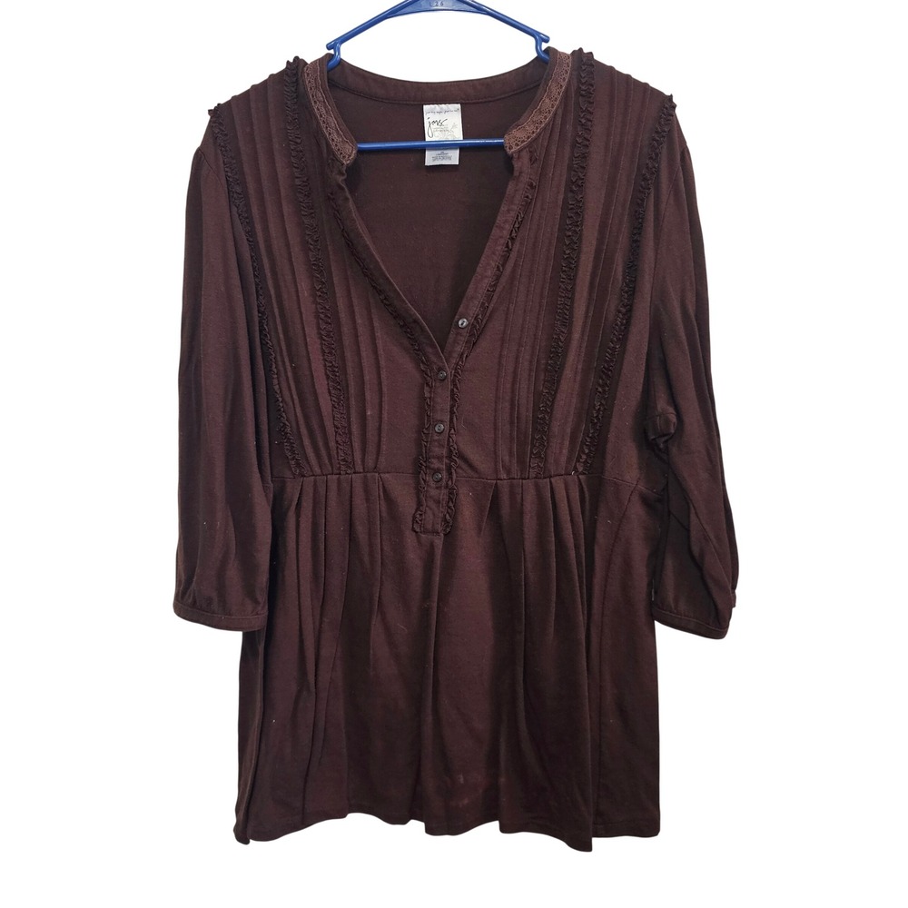 JMS Just My Size Brown Henley Tunic Top Ruffle Pintuck‎ 3/4 Sleeve Plus Size 2X